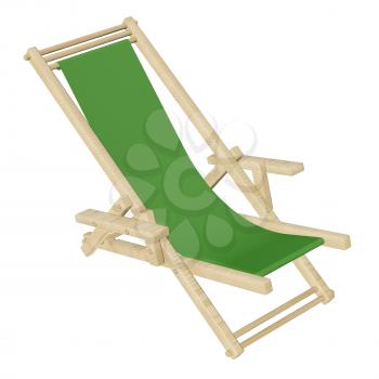 Wooden beach deck chair with green fabric isolated on white background. 3d rendering.