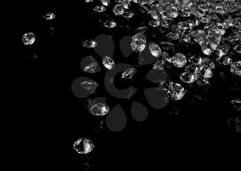 Diamonds on black background with space for your text. 3D rendering.