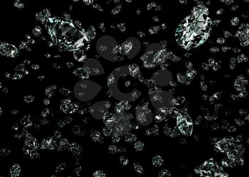 Diamonds on black background. Detailed illustration. 3D rendering.