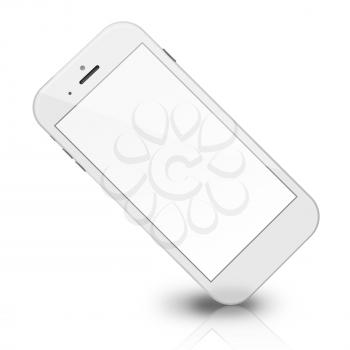 Smart phone with blank screen, shadows and reflections isolated on white background. 3D illustration.