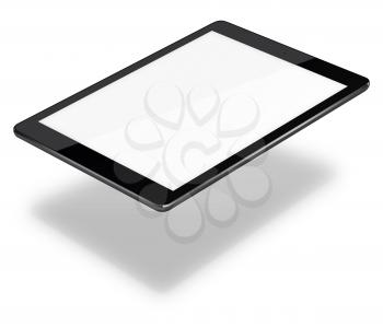 Realistic tablet pc computer with blank screen and shadows isolated on white background. 3D illustration.
