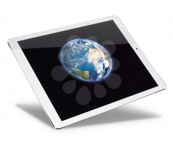 Realistic tablet pc computer with Earth from space on screen isolated on white background. 3D illustration. Elements of this image furnished by NASA.