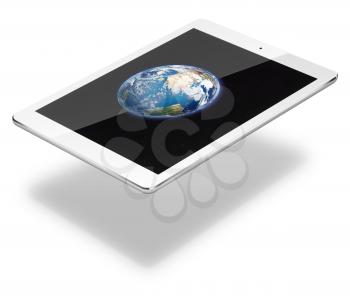 Realistic tablet pc computer with Earth from space on screen isolated on white background. 3D illustration. Elements of this image furnished by NASA.