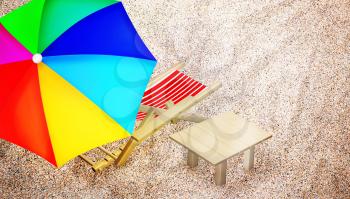 Beach chair, table and multy colored umbrella on sandy beach. Vacation. Travel. Top view. 3D illustration.