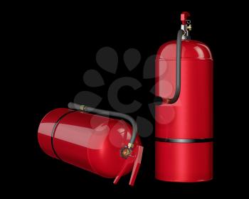 Fire extinguishers isolated on black background. Detailed illustration. 3D rendering.
