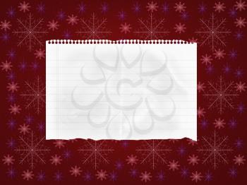 Sheet of paper on abstract red background with snowflakes. 3d illustration.