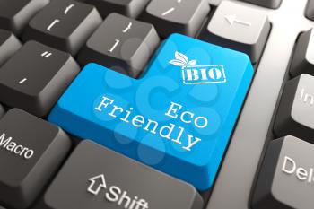 Blue Eco Friendly Button on Computer Keyboard. Ecological Concept.
