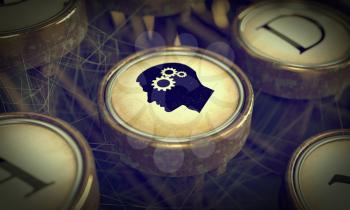 Head With Gears on Old Typewriter Button. Education Concept. Grunge Background for Your Publications.