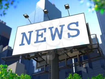 World News Concept. News Billboard on the Background of a Modern Business Center. Business Concept for Your Blog or Publication.