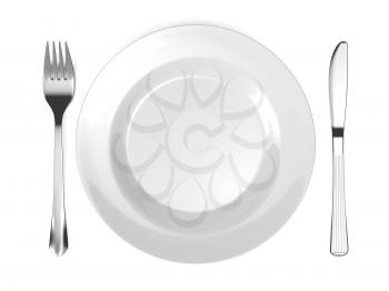 Dinner Place Setting. White Plate with Fork and Knife Isolated on White Background
