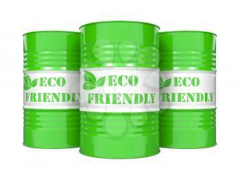Eco Friendly Fuel Concept. Three Green Barrels on White Background.
