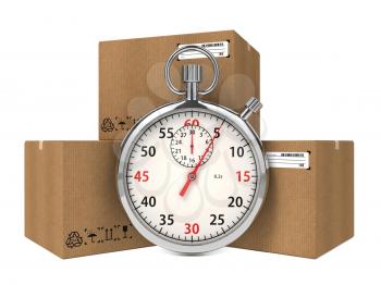 Stopwatch Over a Carton Boxes. Express Delivery Concept.
