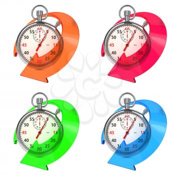 Stopwatch with Colored Arrow. Set from Six Images on White Background.