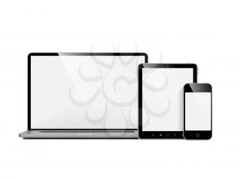 Computer, Laptop and Phone. Set of Computer Devices on White.