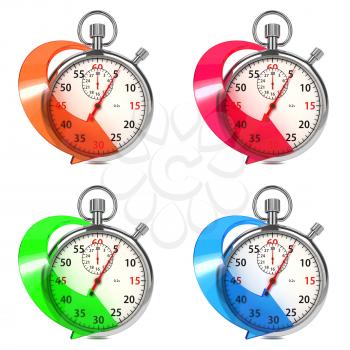 Stopwatch with Colored Arrow. Set from Four Images on White Background.