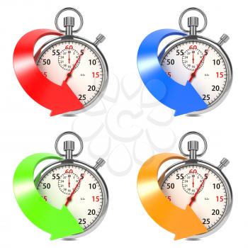 Stopwatch with Colored Arrow. Set from Four Images on White Background.