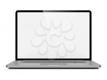 Laptop with Blank Screen. Front View on White Background.