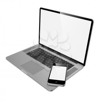 Laptop Computer and Mobile Phone on White Background.