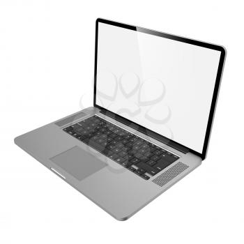 Laptop with Blank Screen. Side View on White Background.