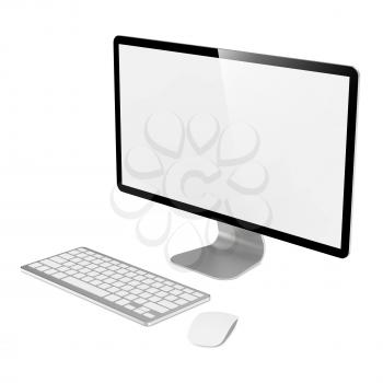 Blank White Screen Computer Monitor with Mouse and Keyboard.