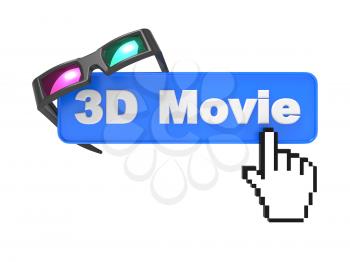 Web Button 3D Movie with Cursor and Anaglyph Glasses. 3D movie Concept.