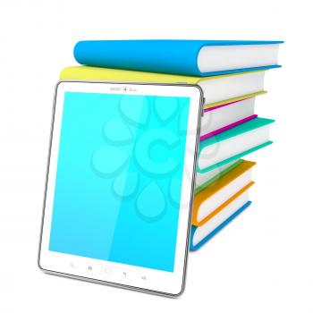 White Tablet PC with Books Isolated on White. Elearning Concept