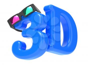 Anaglyph Stereo Glasses on the Blue Letters 3D. Isolated on White Background.