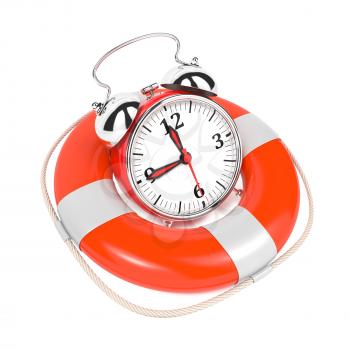 Alarmclock in Lifebuoy on White Background. Save the time concept.