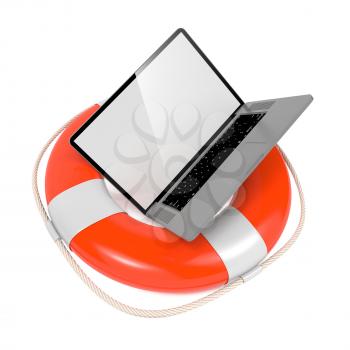 Laptop in Lifebuoy Isolated on White. Support and Service Concept.