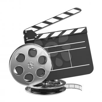 Clapboard and Film Reel, Setting Next to Each Other. On white Background.