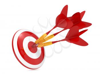 Three Red Darts Hitting a Target, Isolated On White Background.