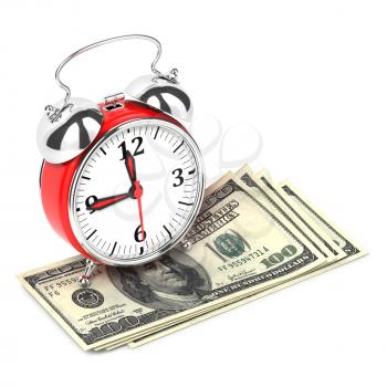 Alarm Clock standing on Money. Time is Money Concept.