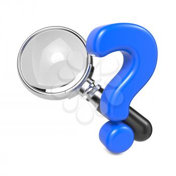 Magnifying Glass with Silver Border and Question Mark. Isolated on White.