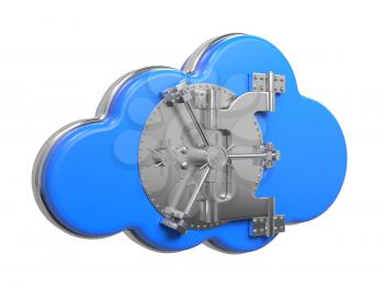 Cloud Computing Concept. Blue Cloud with Safe Door on White Background.