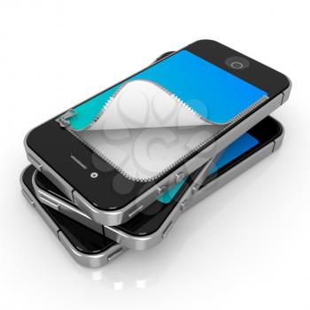 Black Unzipped Smartphones on White Background, 3D Render.