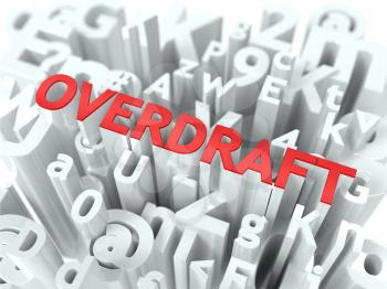 Overdraft - Wordcloud Concept. The Word in Red Color, Surrounded by a Alphabet Cloud.