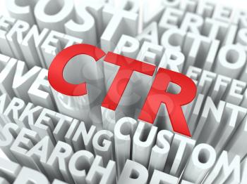 CTR - Click Through Rate Wordcloud Concept. The Word in Red Color, Surrounded by a Cloud of Words Gray.