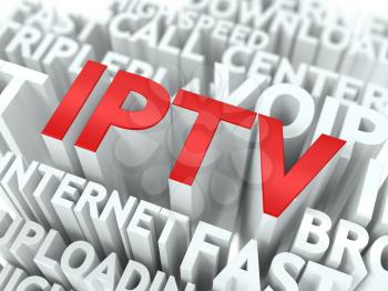 IPTV - Wordcloud Internet Concept. The Word in Red Color, Surrounded by a Cloud of Words Gray.