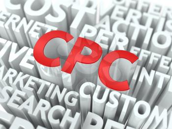 CPC - Cost Per Click Wordcloud Concept. The Word in Red Color, Surrounded by a Cloud of Words Gray.