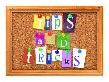 Tips and Tricks Concept Letters Attached to a Cork Bulletin or Message Board with Thumbtacks. 3D Render.