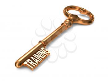 Training - Golden Key on White Background. 3D Render. Business Concept.
