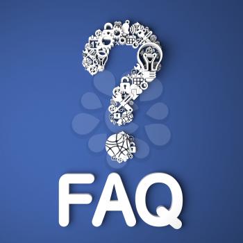 FAQ Card Handmade from Paper Characters on Blue Background. 3D Render. Business Concept.