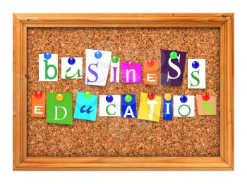 Business Education Concept Letters Attached to a Cork Bulletin or Message Board with Thumbtacks. 3D Render.