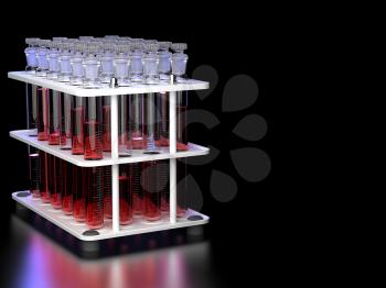Test Tubes with Red Liquid in a Stand on Black Background. 3D Render.
