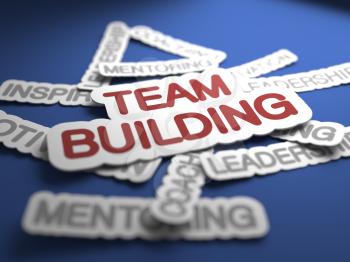Team Building Text on Blue Background with Selective Focus. 3D Render.