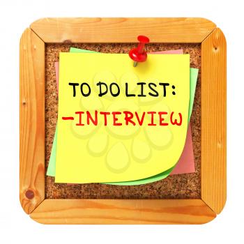 Interview Concept. Yellow Sticker on Cork Bulletin or Message Board. Business Concept. 3D Render.