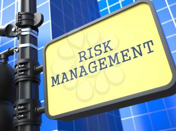 Business Concept. Risk Managements Roadsign on Blue Background.