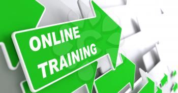 Online Trainin - Education Concept. Green Arrow with Webinar slogan on a grey background. 3D Render.