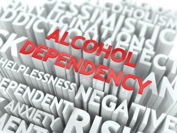 Alcohol Dependency - Wordcloud Medical Concept. The Word in Red Color, Surrounded by a Cloud of Words Gray.