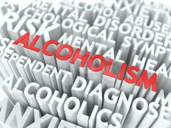 Alcoholism - Wordcloud Medical Concept. The Word in Red Color, Surrounded by a Cloud of Words Gray.